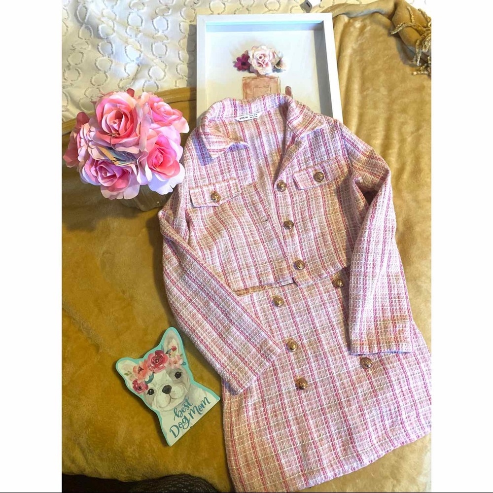light pink plaid tweed two piece jacket skirt set 2 piece